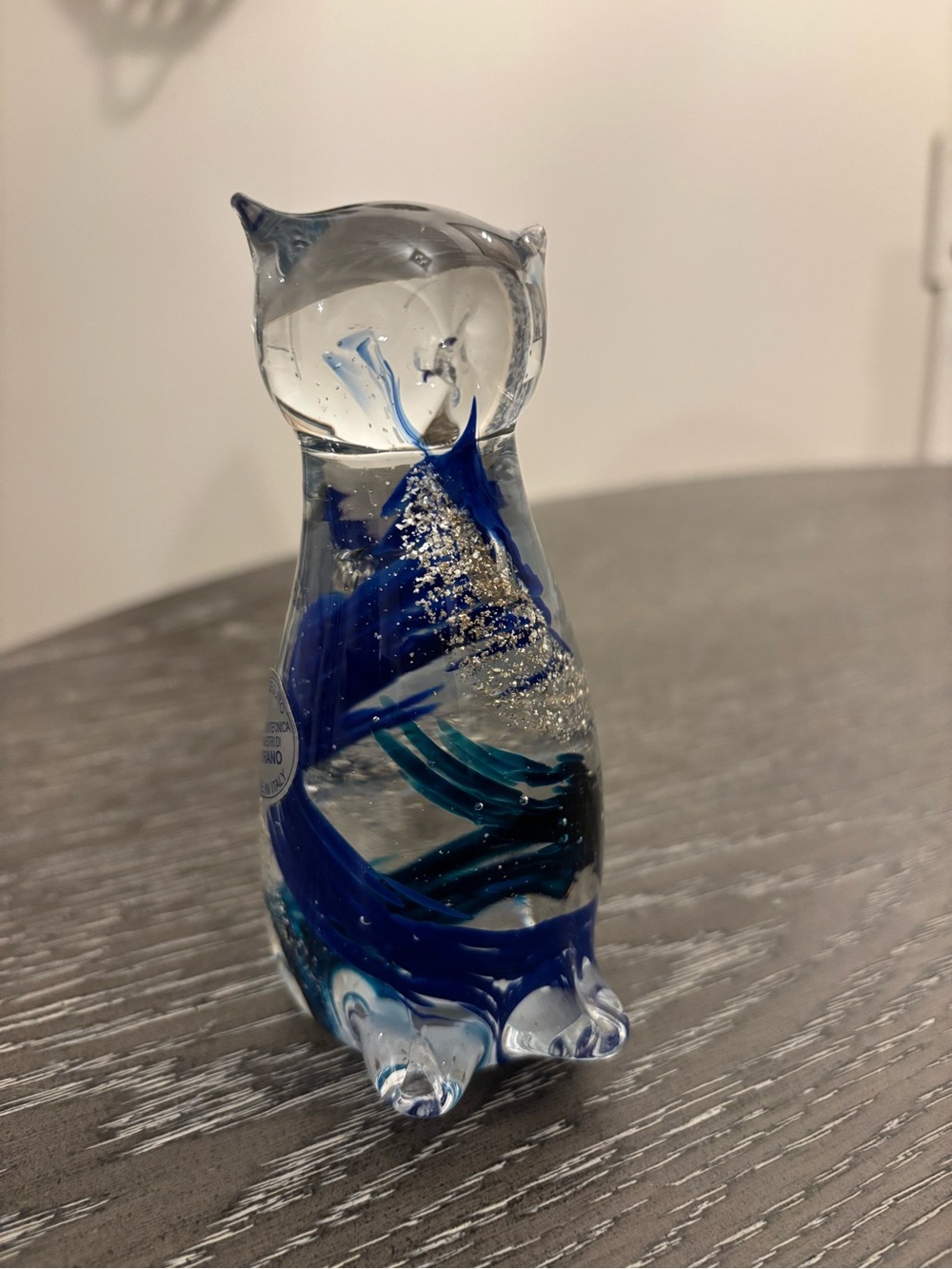 Handcrafted Murano-Style Art Glass Cat Blue Swirls & Silver Glitter Italy
